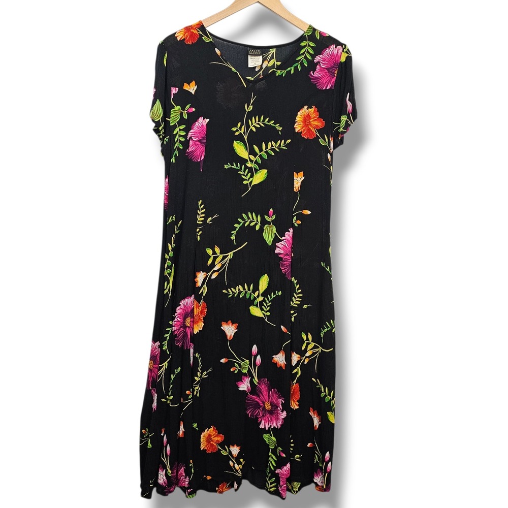 Vintage Salon Studio Dark Floral Midi Dress PM Short Sleeve Pockets Tropical Y2K